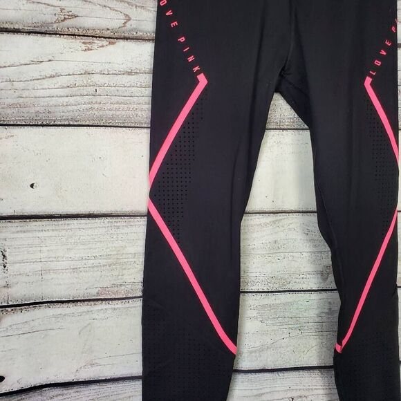 Victoria’s Secret PINK Ultimate Leggings Black Neon Pink Trim Size L - Picture 2 of 9